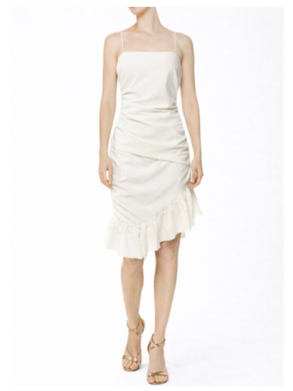Elegant Ivory Ruched Spaghetti-Strap Midi Dress Cinq á sept “Lilith”